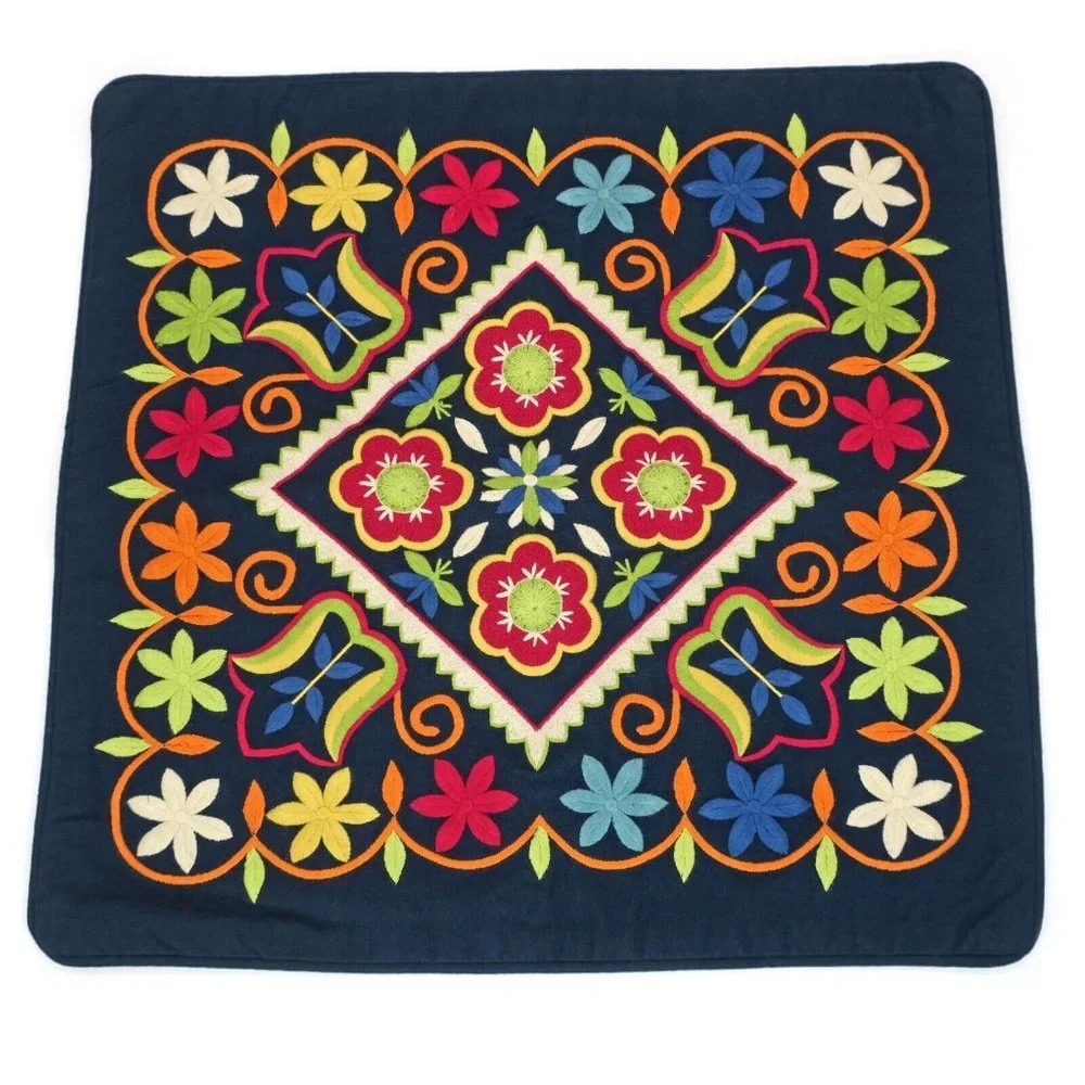 Pottery Barn Romanian Heavily Embroidered Pillow Cover 18x18 Floral Navy Blue